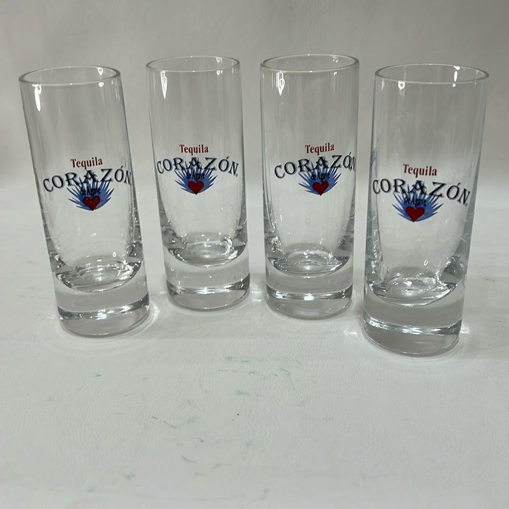 Tequila Corazon Shot Glasses 2 Oz Each Blue Red Writing 4 Included 4 1/4 In Tall